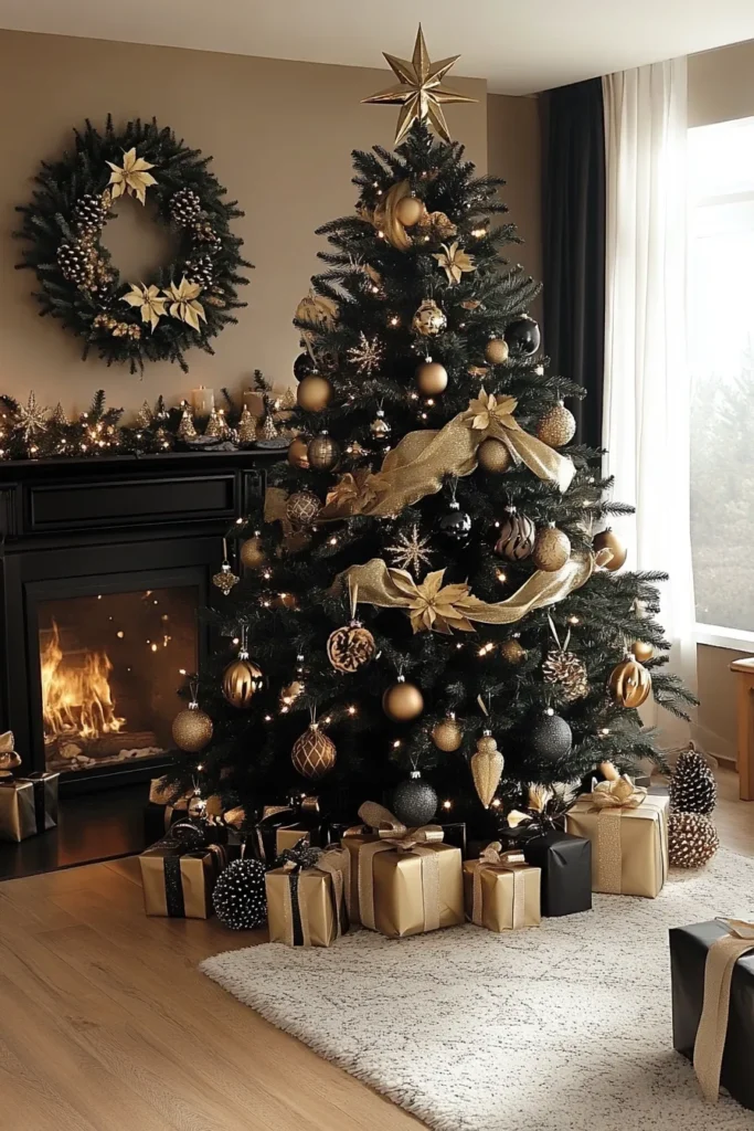 Traditional living room with black gold and silver Christmas decor including glass baubles
