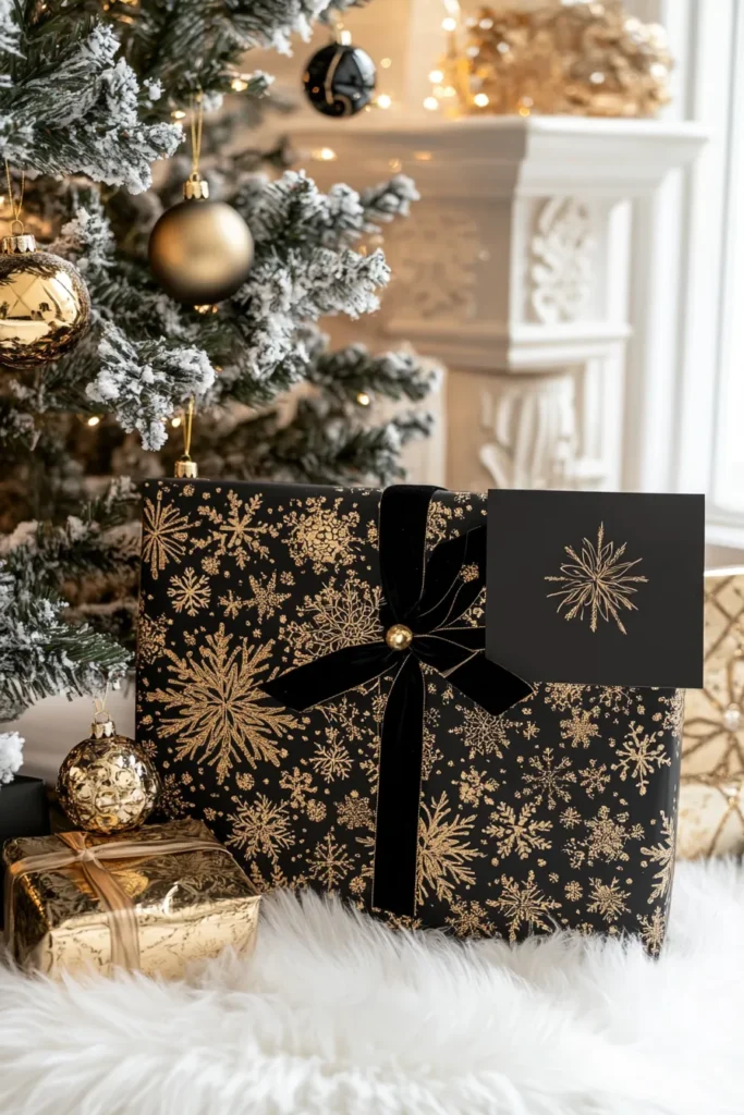 Opulent black and gold Christmas party decor with elegant gift wrapping