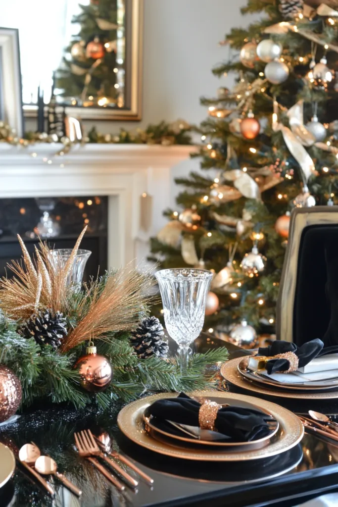 Luxurious living room with black and gold Christmas decor and rose gold accents