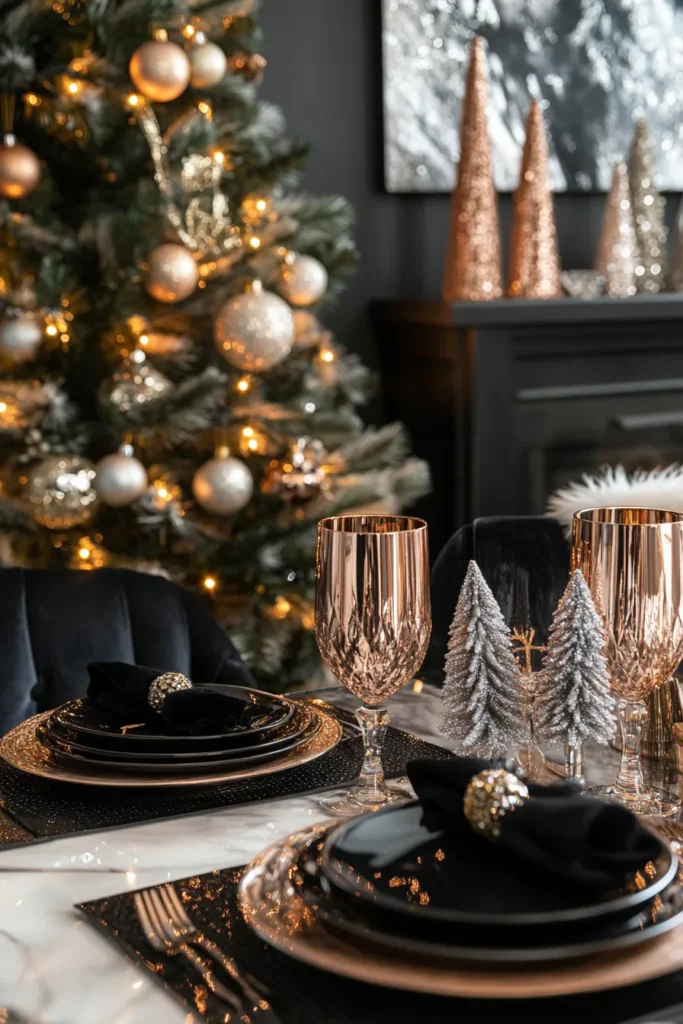 Cozy living room with black and gold Christmas decor and metallic accents