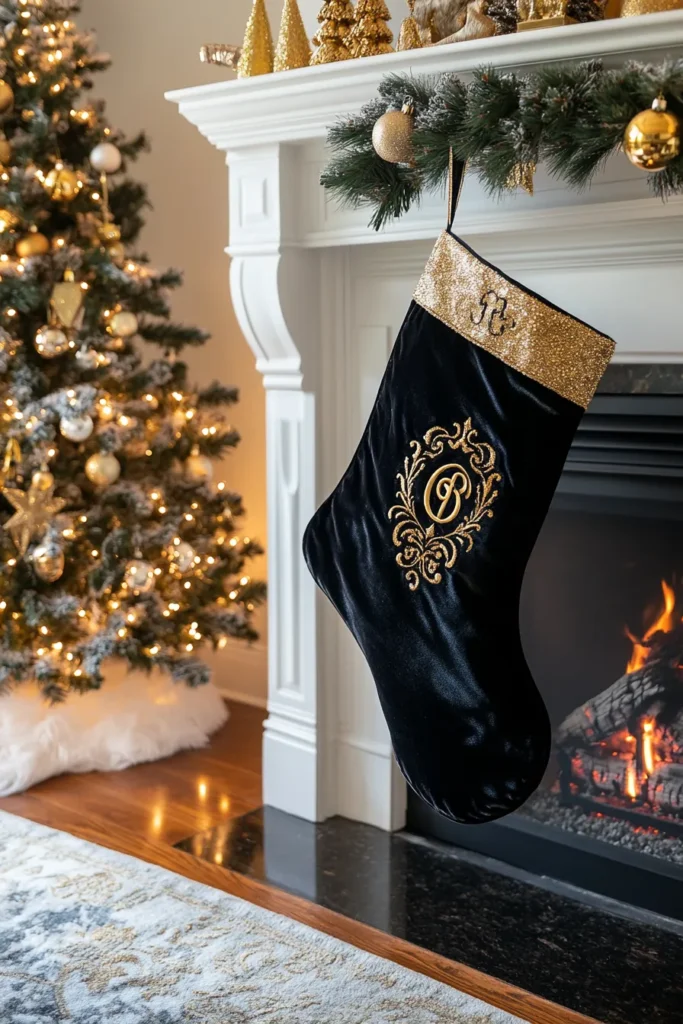 Elegant farmhouse style with monogrammed stockings and embroidered tree skirt