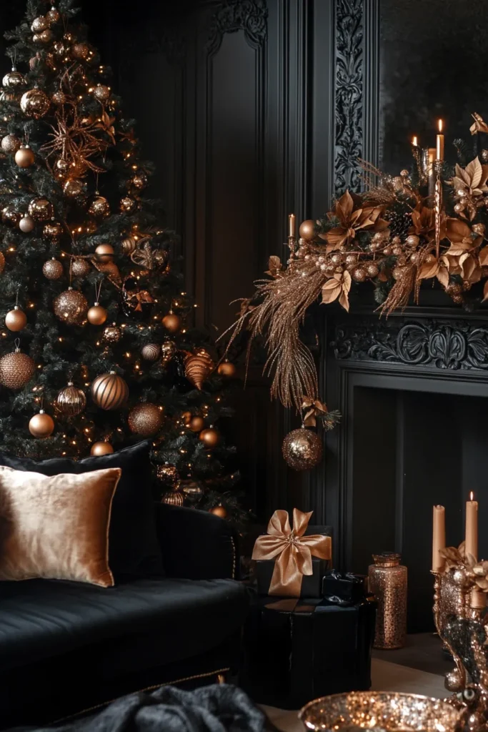 Elegant living room with black and gold Christmas decor featuring rose gold accents