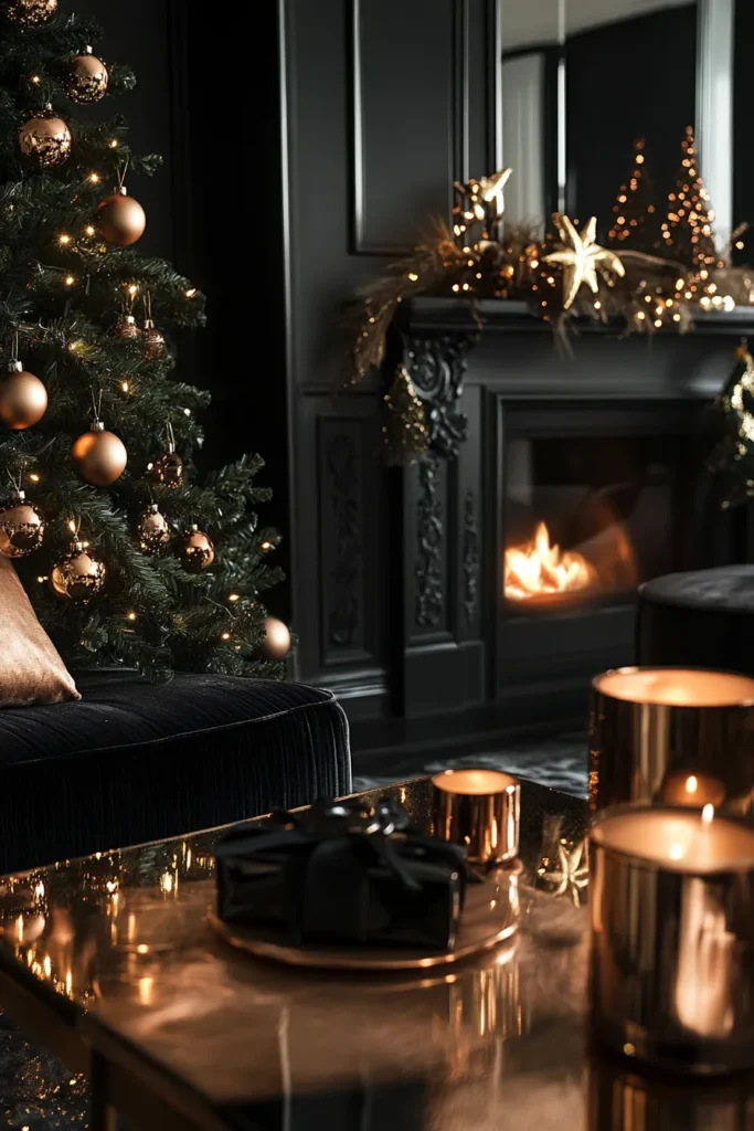 Cozy holiday scene with black and gold Christmas decor and rose gold accents