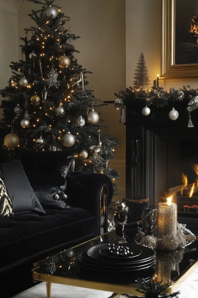 Elegant living room with black, gold, and silver Christmas decor