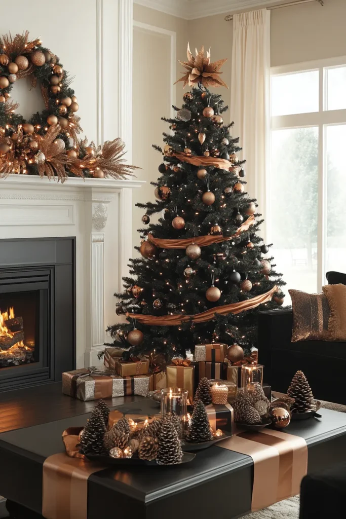 Festive living room with black and gold Christmas decor and copper accents