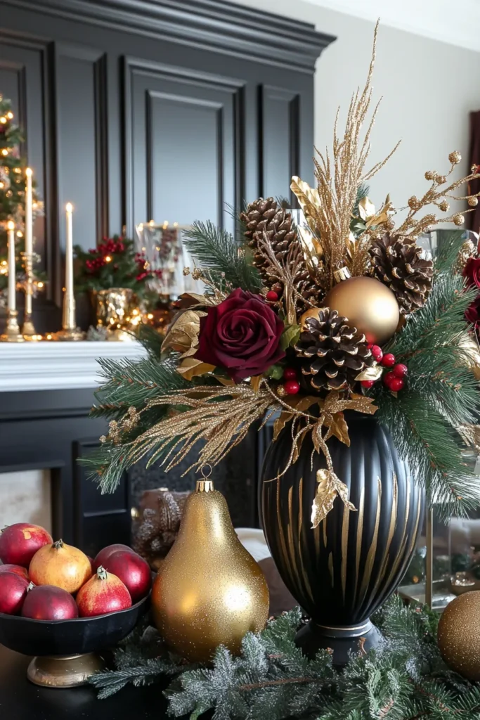 Holiday themed room with black and gold Christmas party decor and emerald green accents