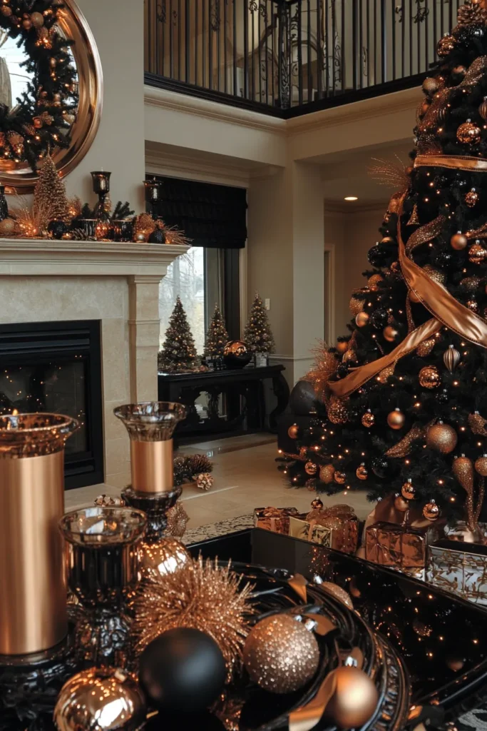 Sophisticated black, gold, and silver Christmas decor with copper accents