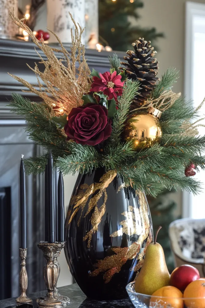 Festive living area with black and gold Christmas table decor and natural accents