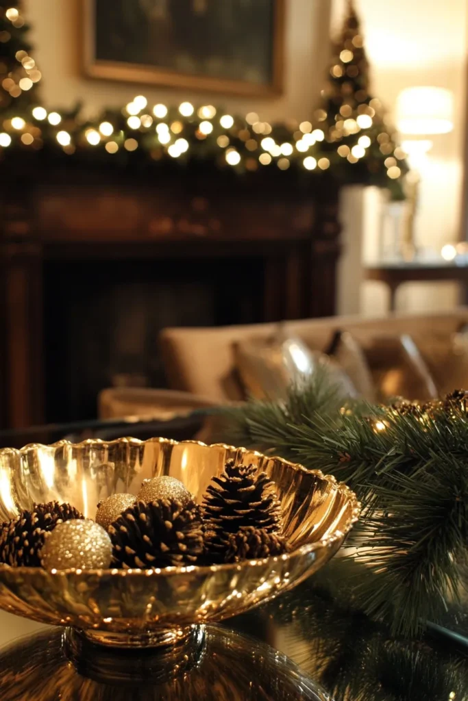 Elegant living room with metallic pinecones and black and gold Christmas decor