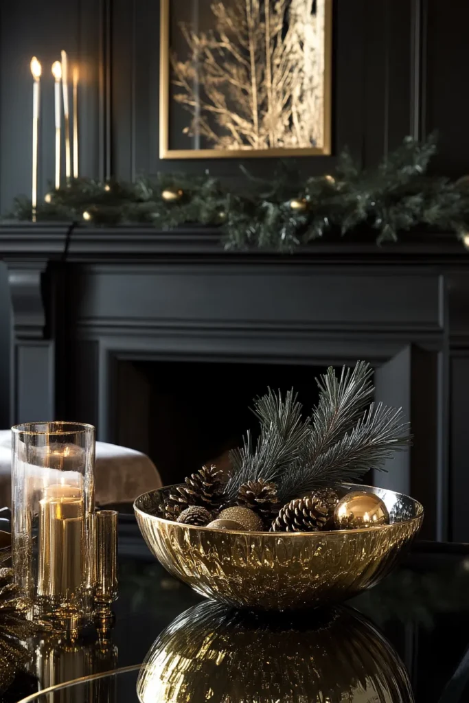 Woodland inspired living room with black and gold Christmas decor