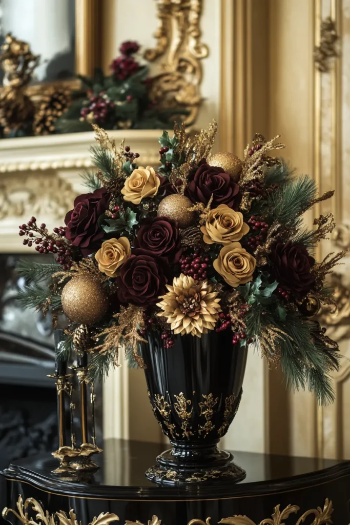 Opulent living room with lavish floral centerpiece and black and gold Christmas decor