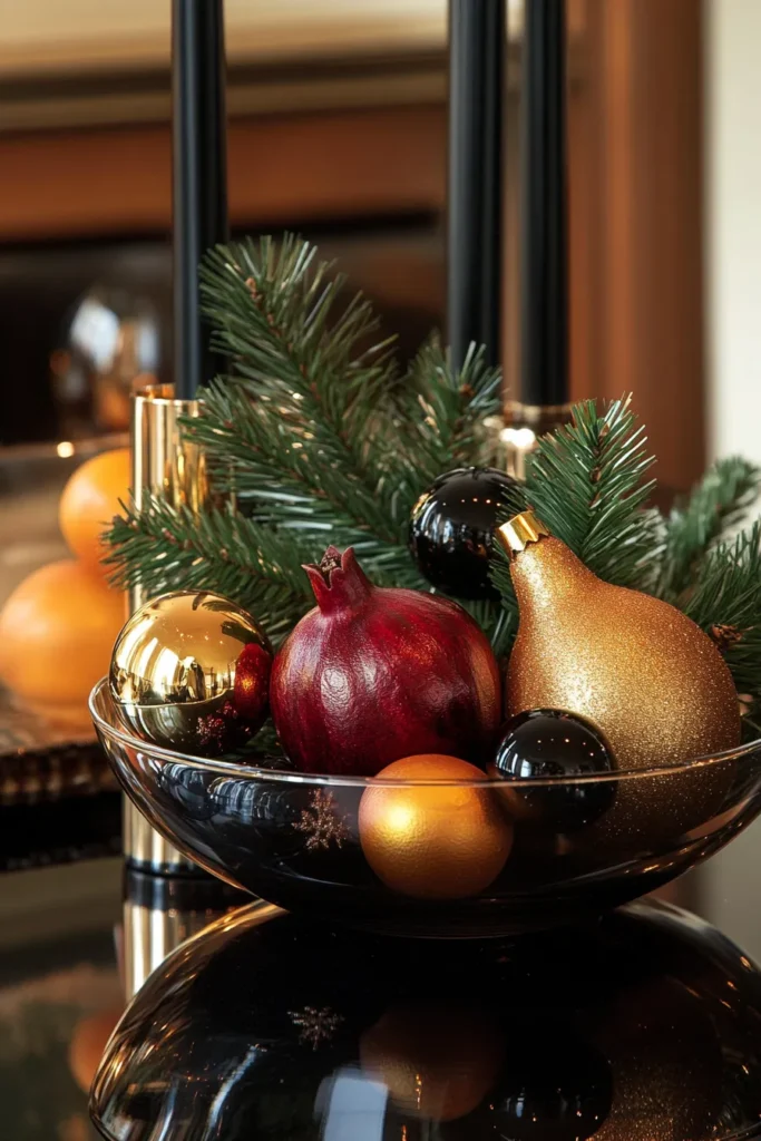 Sophisticated black and gold Christmas table decor with natural elements and candles