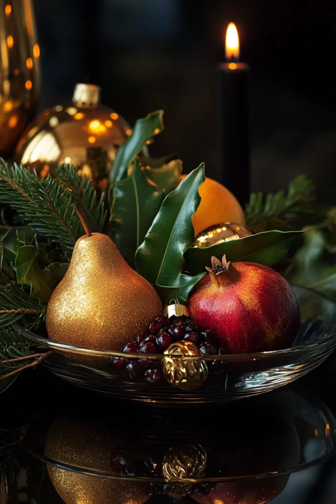 Luxurious black and gold Christmas centerpiece with fruits and foliage