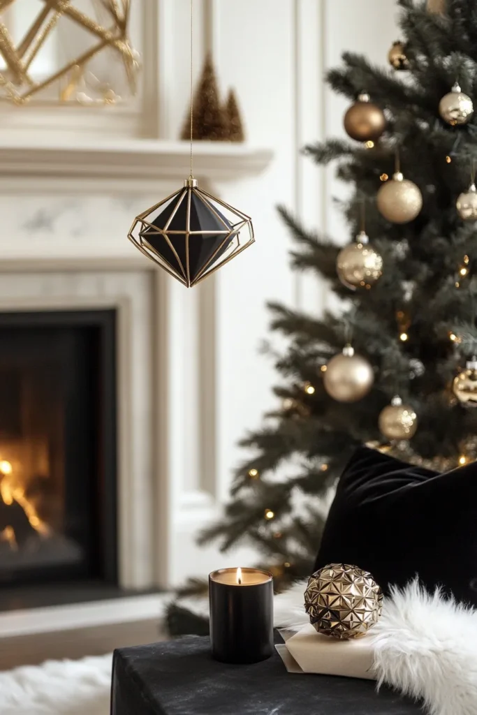 Contemporary room with black and gold Christmas decor and minimalist tree