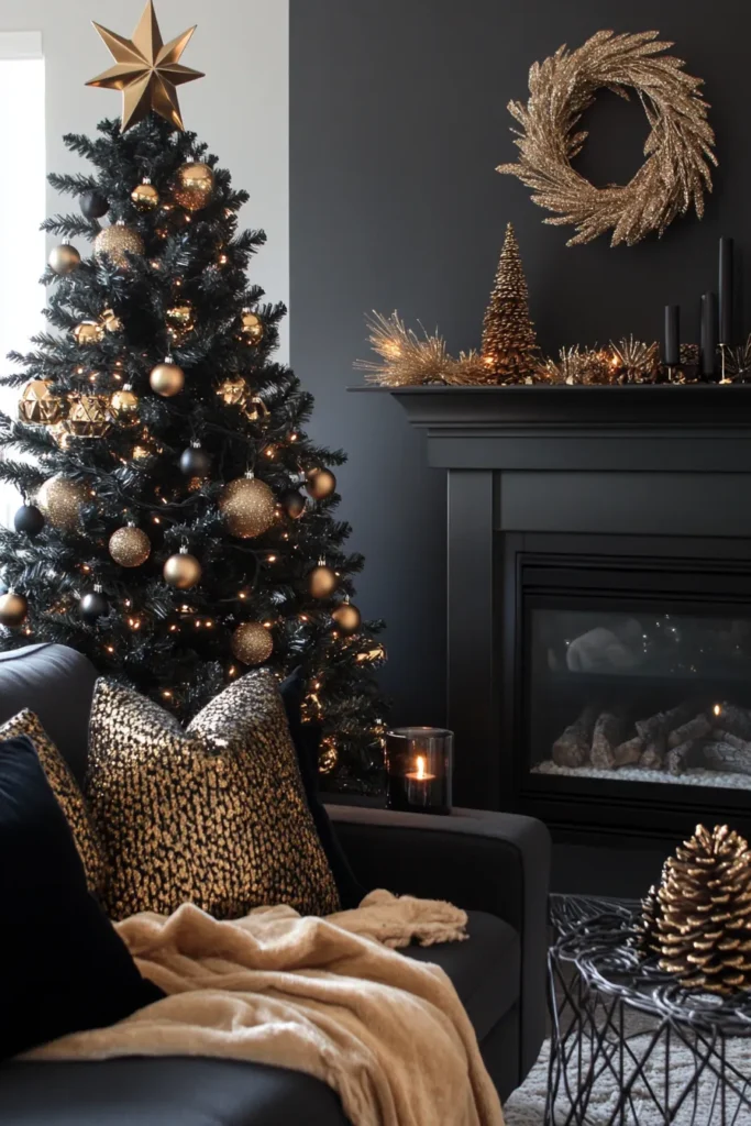 Cozy interior with black gold and silver Christmas decor including velvet pillows