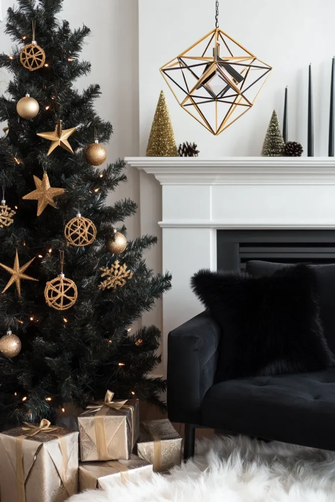 Modern living room with black and gold Christmas party decor featuring geometric ornaments