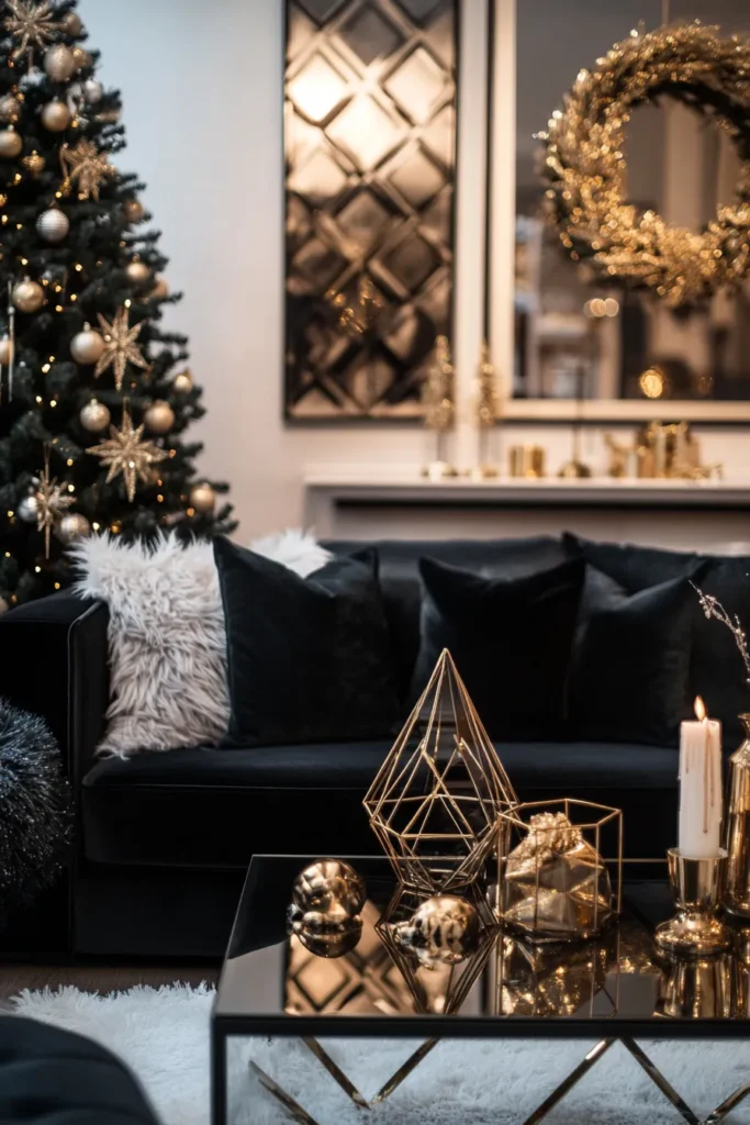 Modern space with black and gold Christmas table decor and emerald green accents