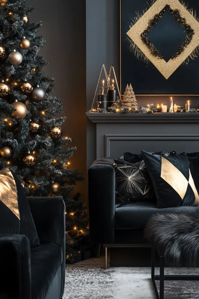 Contemporary room with black and gold Christmas table decor and red accents
