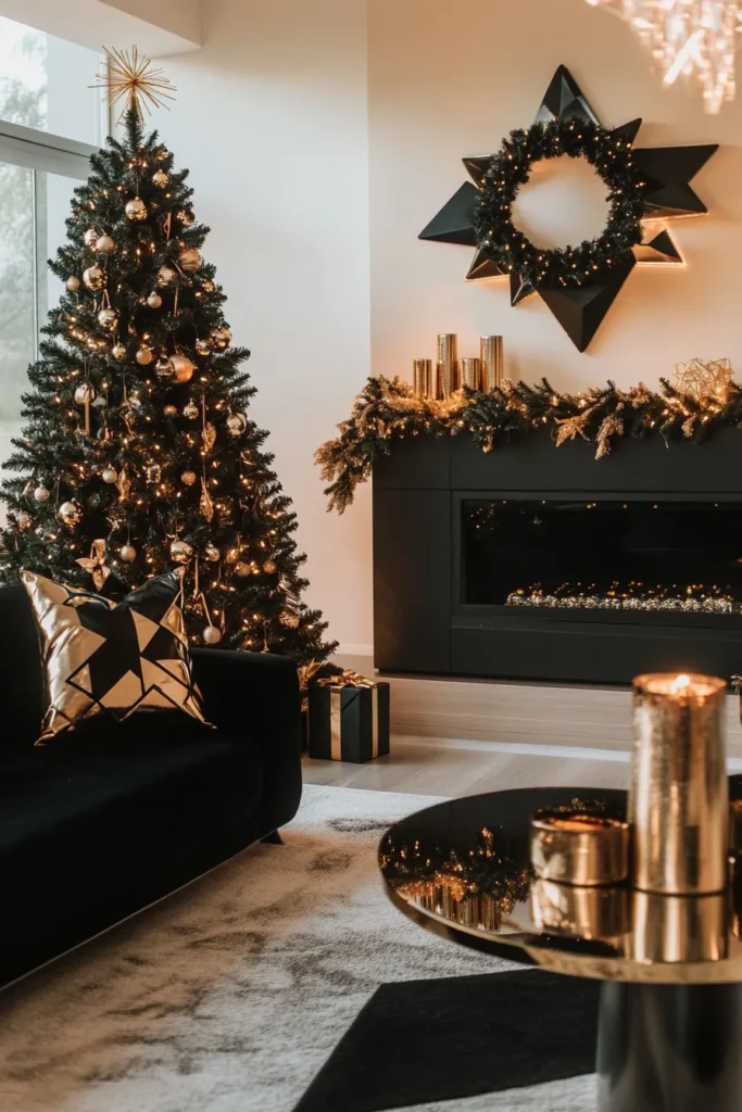 Futuristic living room with black and gold Christmas tree decor