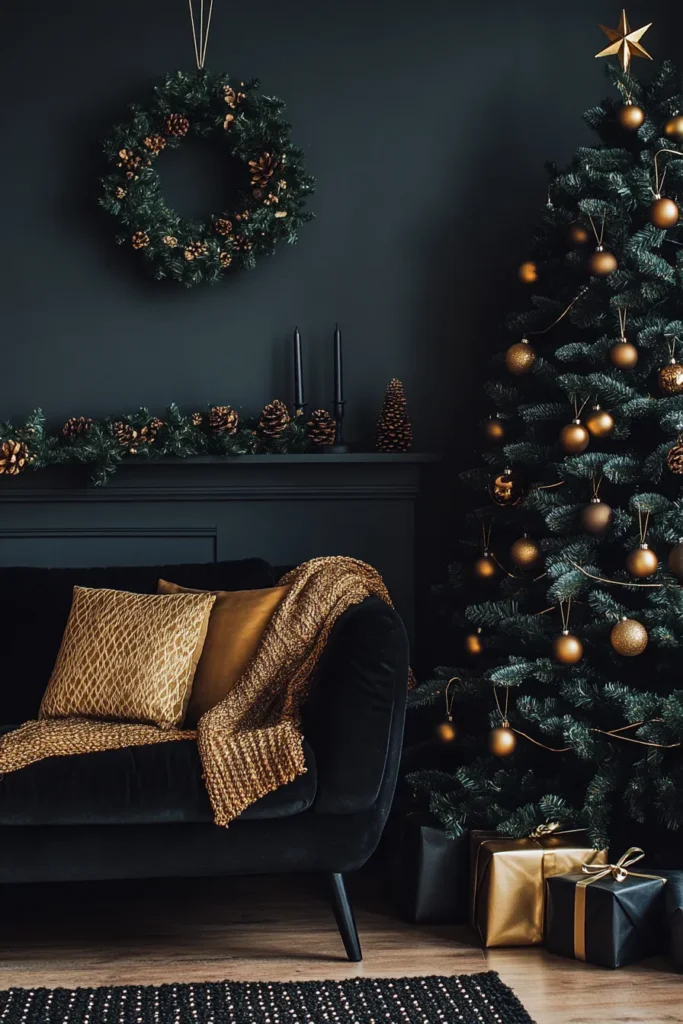 Minimalist living room with black and gold Christmas party decor