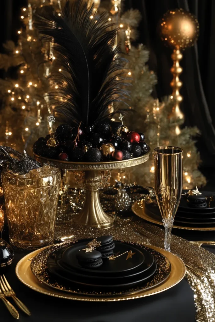 Elegant black and gold Christmas party decor with shimmering centerpiece