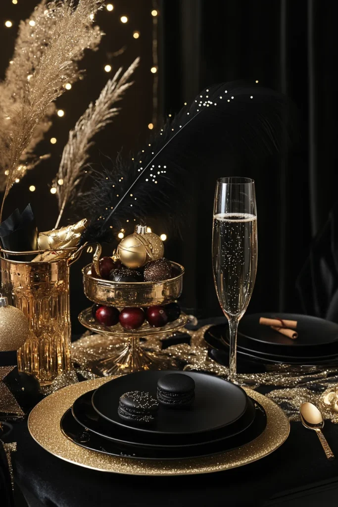Opulent black and gold Christmas party decor with gold chargers