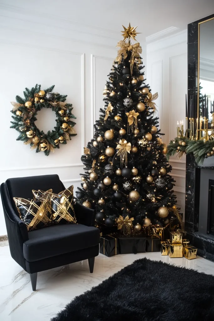 Modern space with black and gold Christmas table decor and silver accents