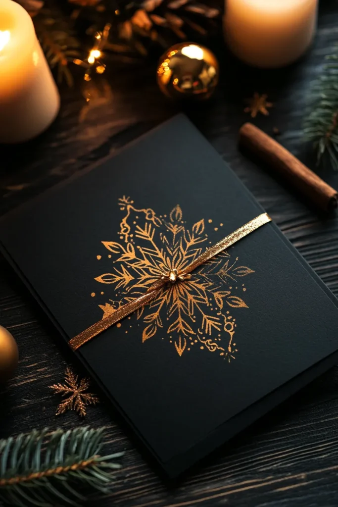 Luxurious black gold and silver Christmas decor invitation with metallic snowflakes
