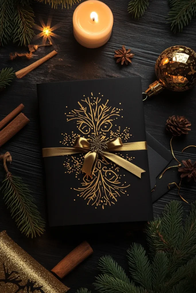 Elegant black and gold Christmas party invitation with gold calligraphy