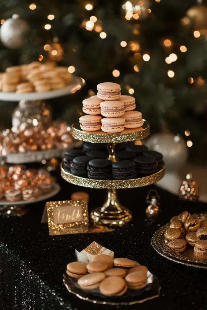Luxurious black and gold Christmas table decor with shimmering runner