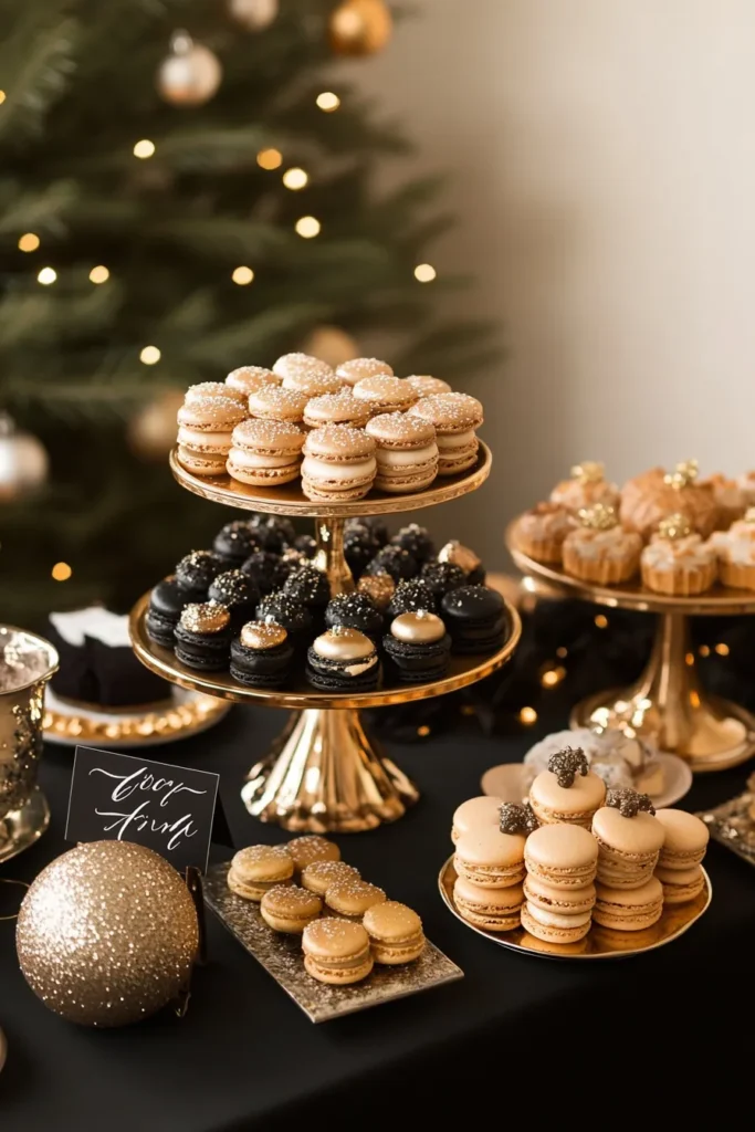 Elegant dessert table with black and gold Christmas decor