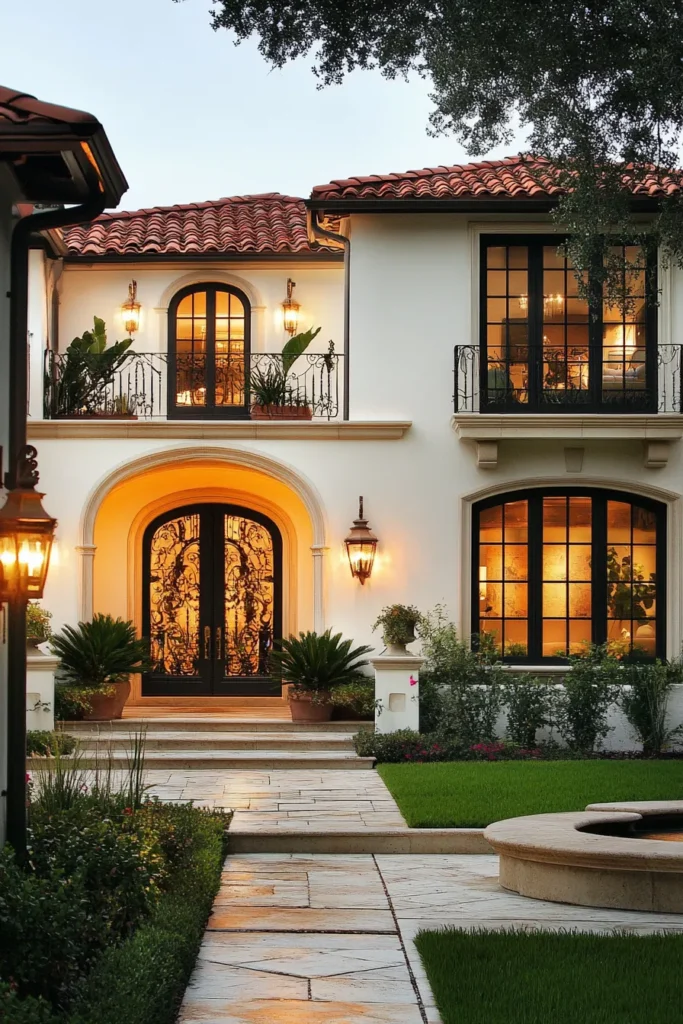 Sunlit exterior of a modern Spanish-style home with neutral tones, textured stucco, geometric accents, and Mediterranean-inspired landscaping