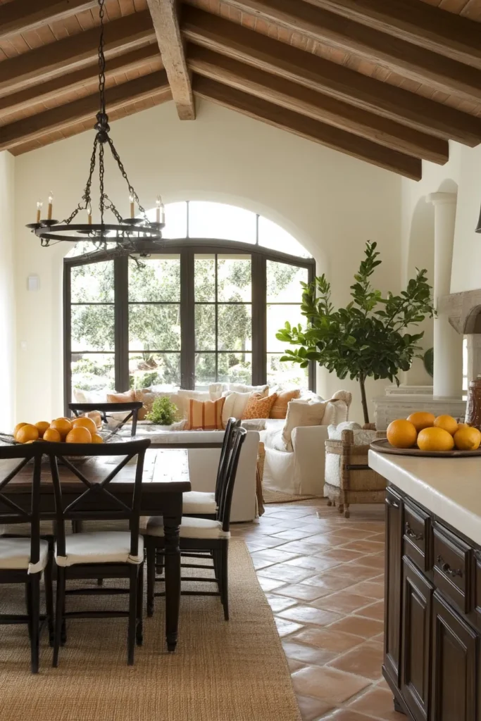 Bright Spanish-style living room featuring terracotta floors, exposed wooden beams, and adaptable spaces for all ages