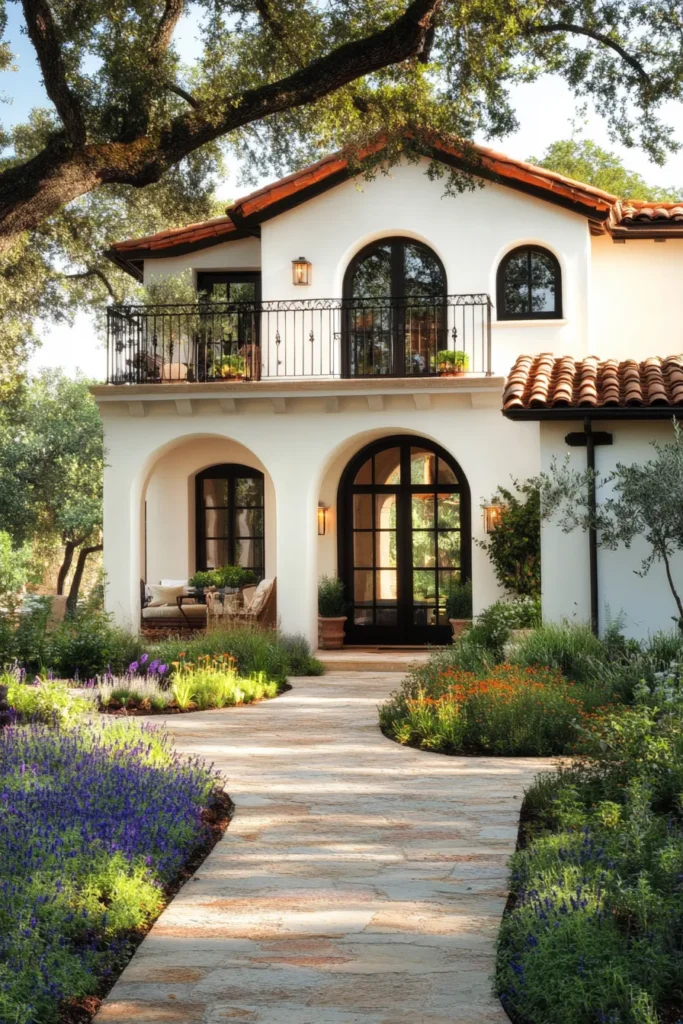 Elegant curved archway entrance of a contemporary Spanish-style residence with large arched window and lush garden