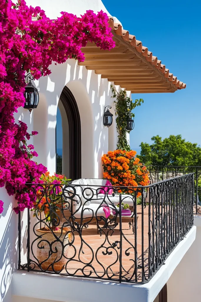 Sunlit balcony adorned with bougainvillea, wrought iron railing, Mediterranean panorama, cozy seating, pergola, and citrus tree