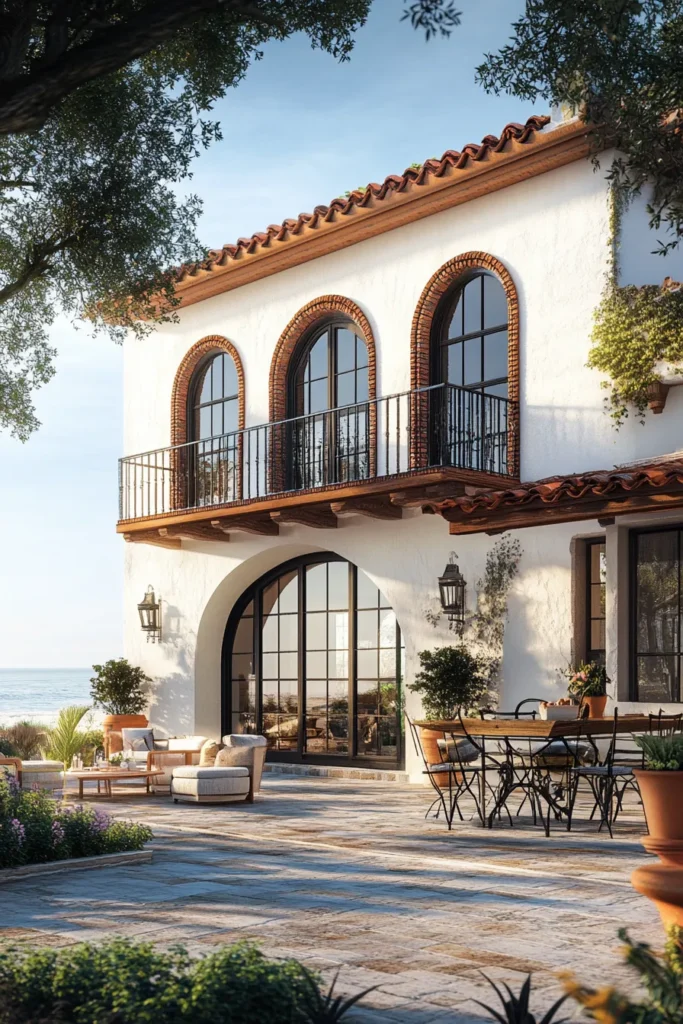 Sunlit patio with alfresco dining, minimalist furniture, and Mediterranean coastline in the distance