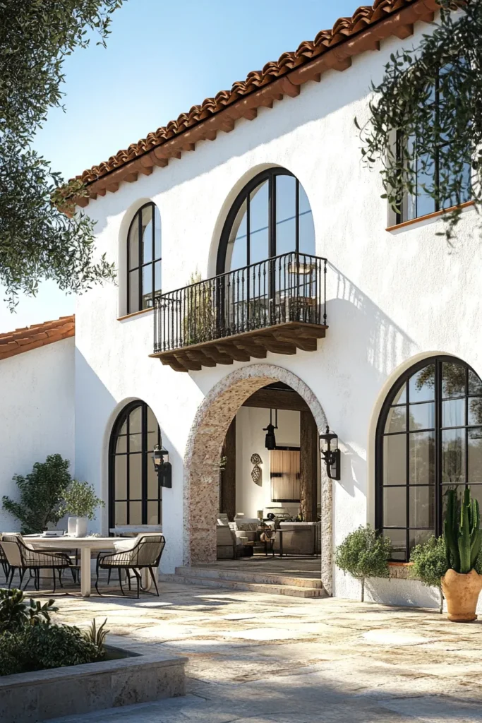 Stylish modern Mediterranean home exterior with rustic accents, large windows, and inviting outdoor living space