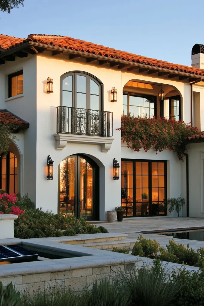 Sleek Spanish-style home combining minimalist lines with classic Mediterranean elements, solar panels, and indoor-outdoor living