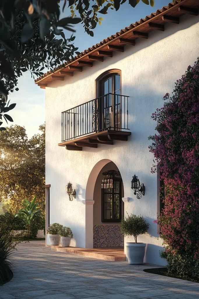 Modern Spanish Mediterranean home exterior with white stucco walls, terracotta roof, and coastal view