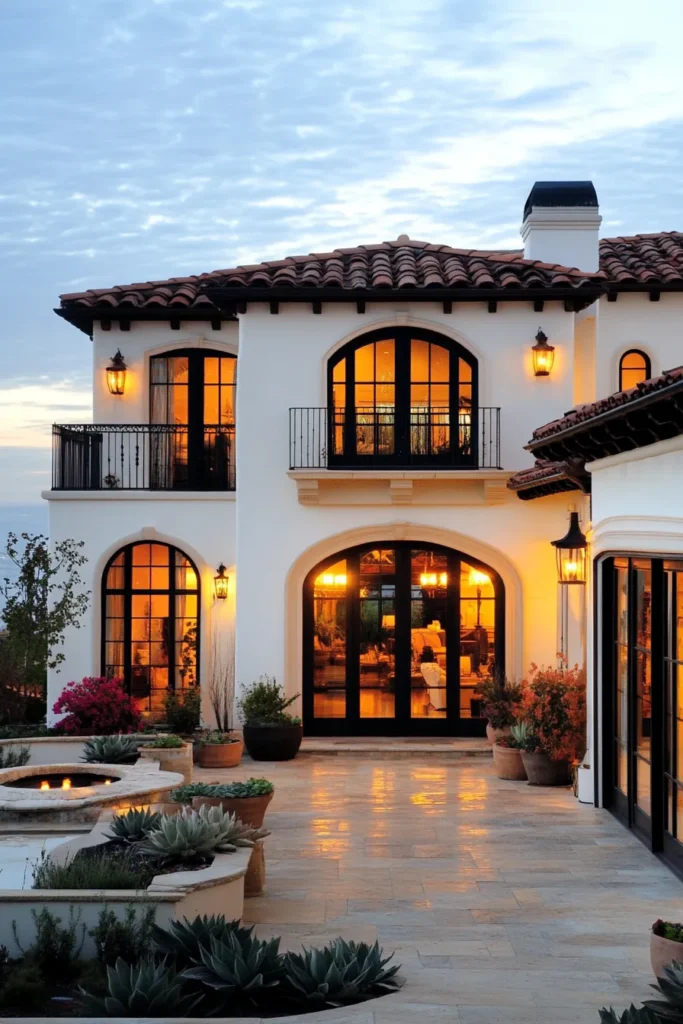 Modern Spanish Mediterranean home exterior with white stucco walls, arched window, terracotta roof, and bougainvillea-covered balcony