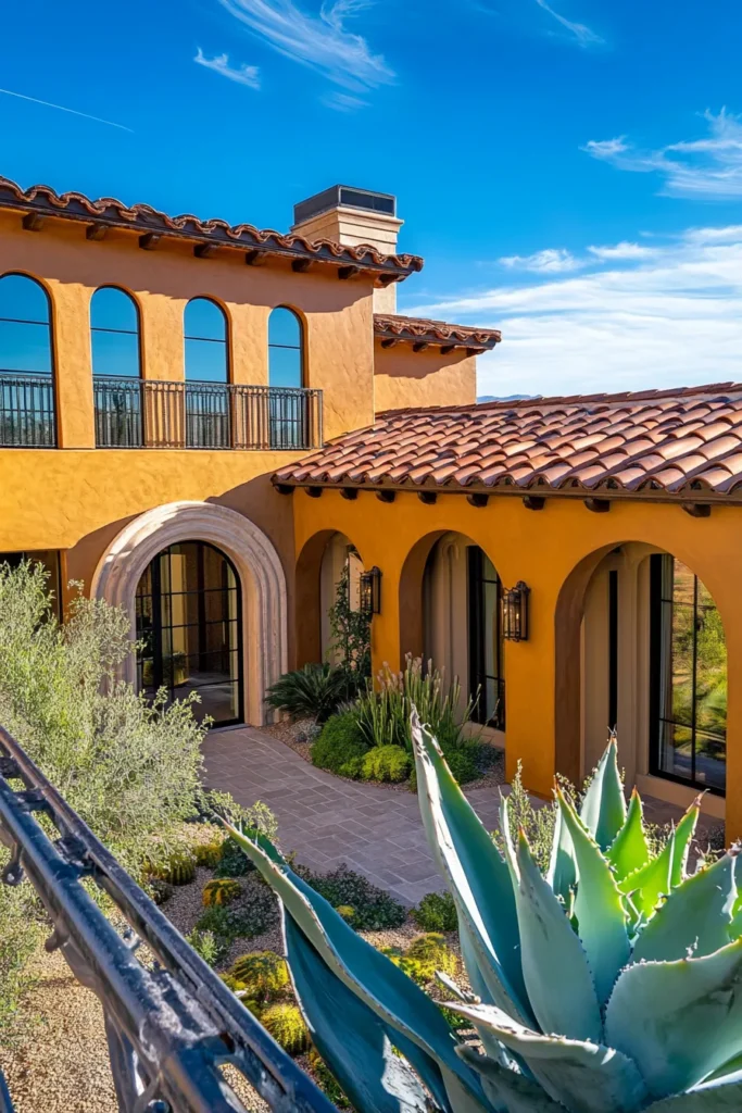 Modern Mediterranean house with innovative roof design featuring solar tiles, living greenery, large skylight, and arched entrance courtyard view