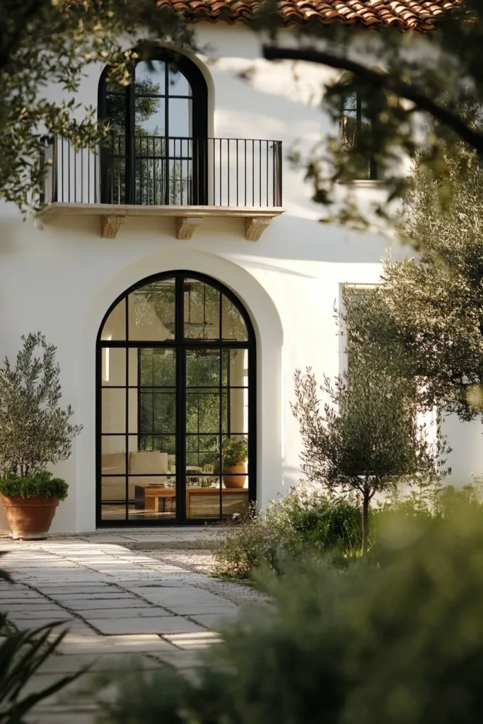Modern Spanish Mediterranean home exterior with arched entrance, white stucco walls, terracotta roof, and wrought iron balcony