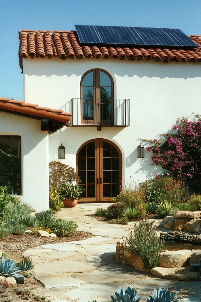 Sun-drenched modern Mediterranean house featuring glass doors, stone courtyard fountain, and drought-resistant garden