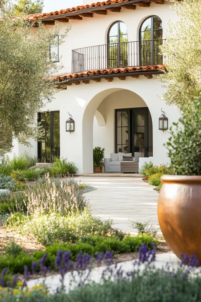 Contemporary furniture visible through arched window of modern Spanish Mediterranean home with terracotta roof