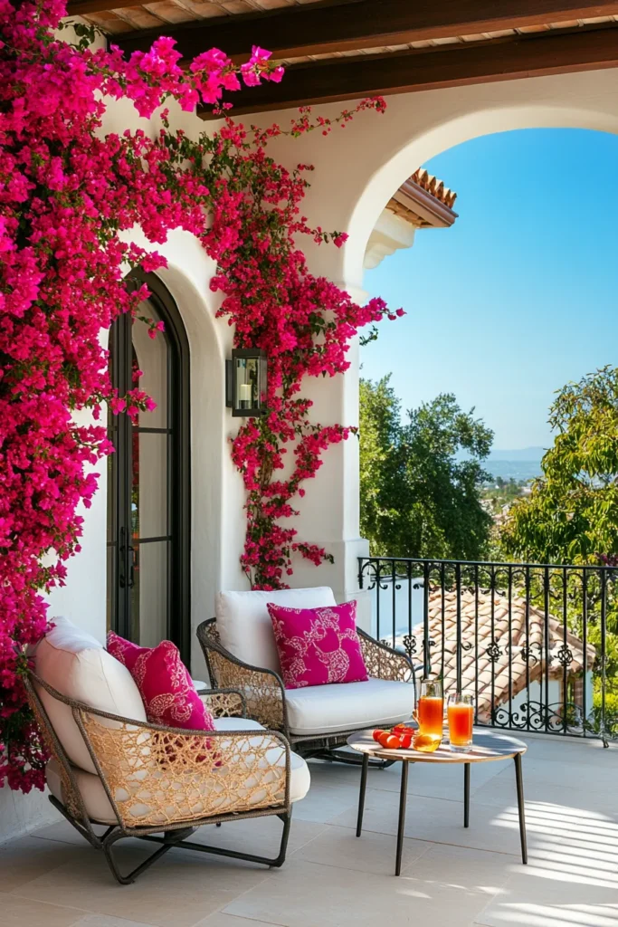 Modern Spanish Mediterranean terrace with weatherproof seating, potted plants, and coastal views