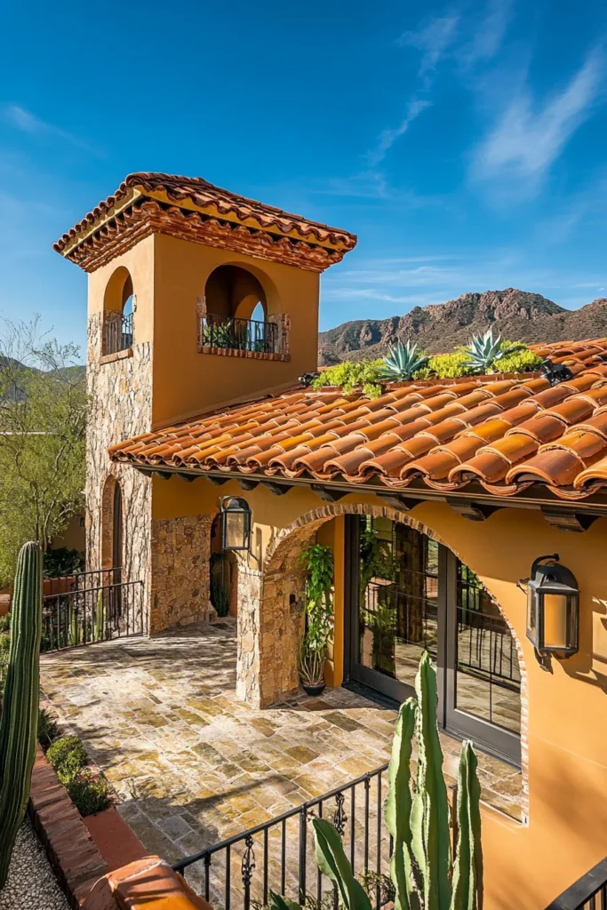 Modern Spanish Mediterranean home exterior with innovative solar roof, terracotta blend, living roof elements, arched doorway, and courtyard glimpse