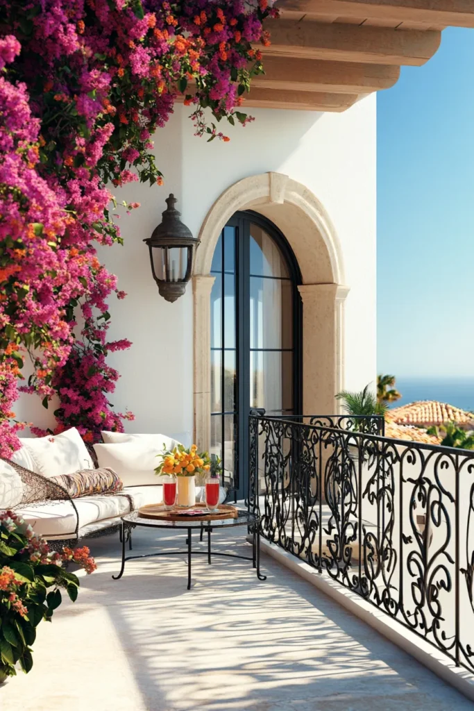 Spanish-style outdoor living area with comfortable seating, pergola, citrus tree, and panoramic coastal views