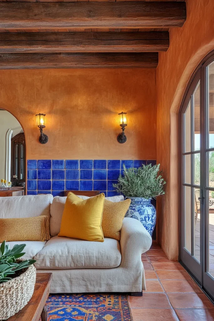 Modern Mediterranean living room with beige sofa, colorful rug, and natural light streaming through large window