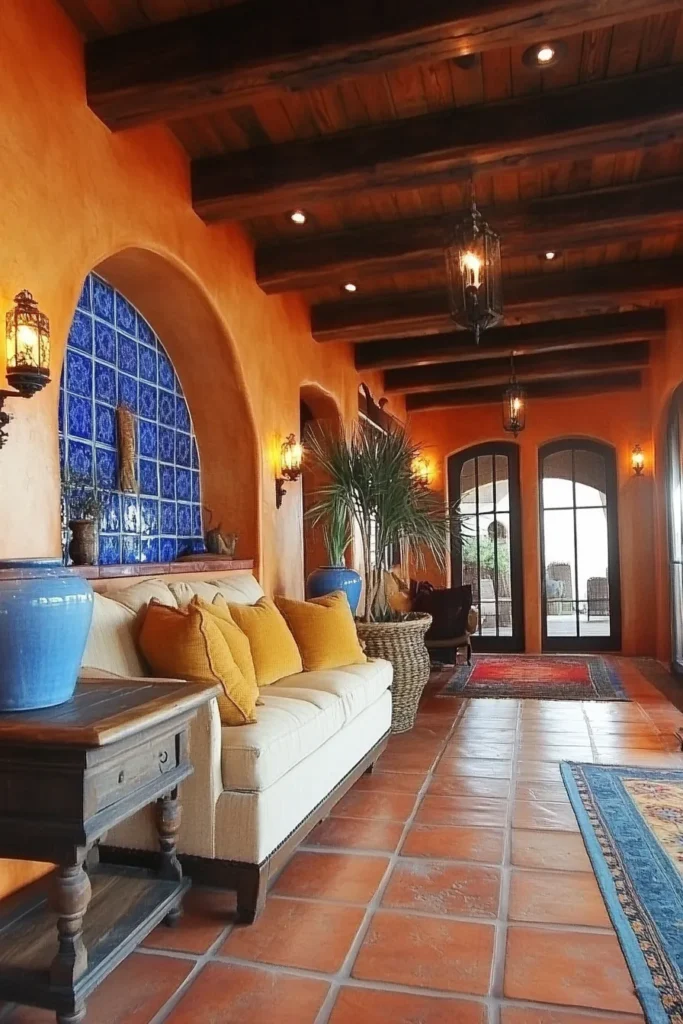 Sunlit Spanish Mediterranean interior with terracotta walls, azure accents, wooden beams, and arched doorway