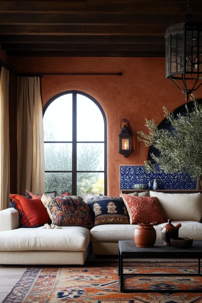 Modern Spanish Mediterranean living room with terracotta walls, wooden beams, linen sofa, colorful accents, and arched windows